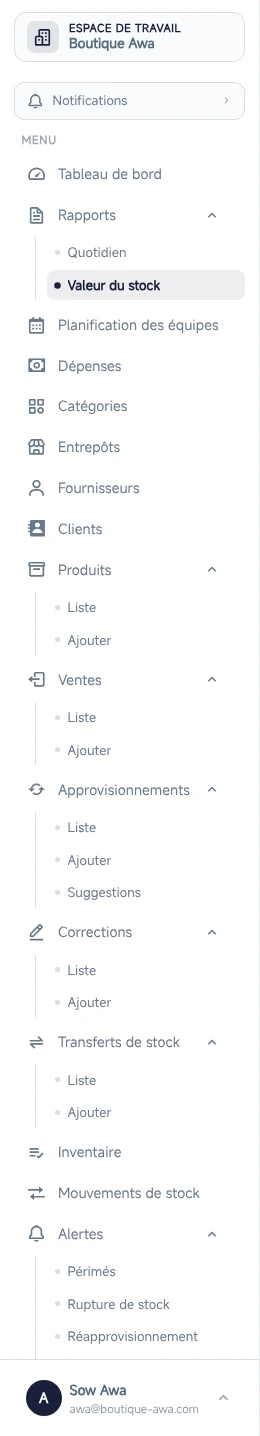 Menu de Gère Mon Stock : rapports, dépenses, catégories, entrepôts, fournisseurs, clients, produits, ventes, approvisionnements, corrections, transferts et alertes